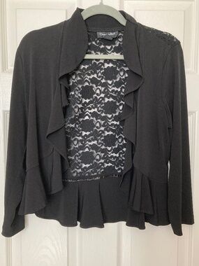 Connected apparel Black Lace-Back Ruffled Open Cardigan